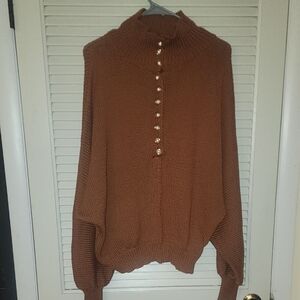 POL Pearl Button Mock Neck Sweater – Rust Brown – Size M